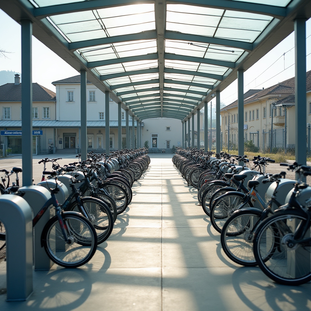 Gut ausgebaute Fahrradabstellanlage an einem österreichischen Bahnhof