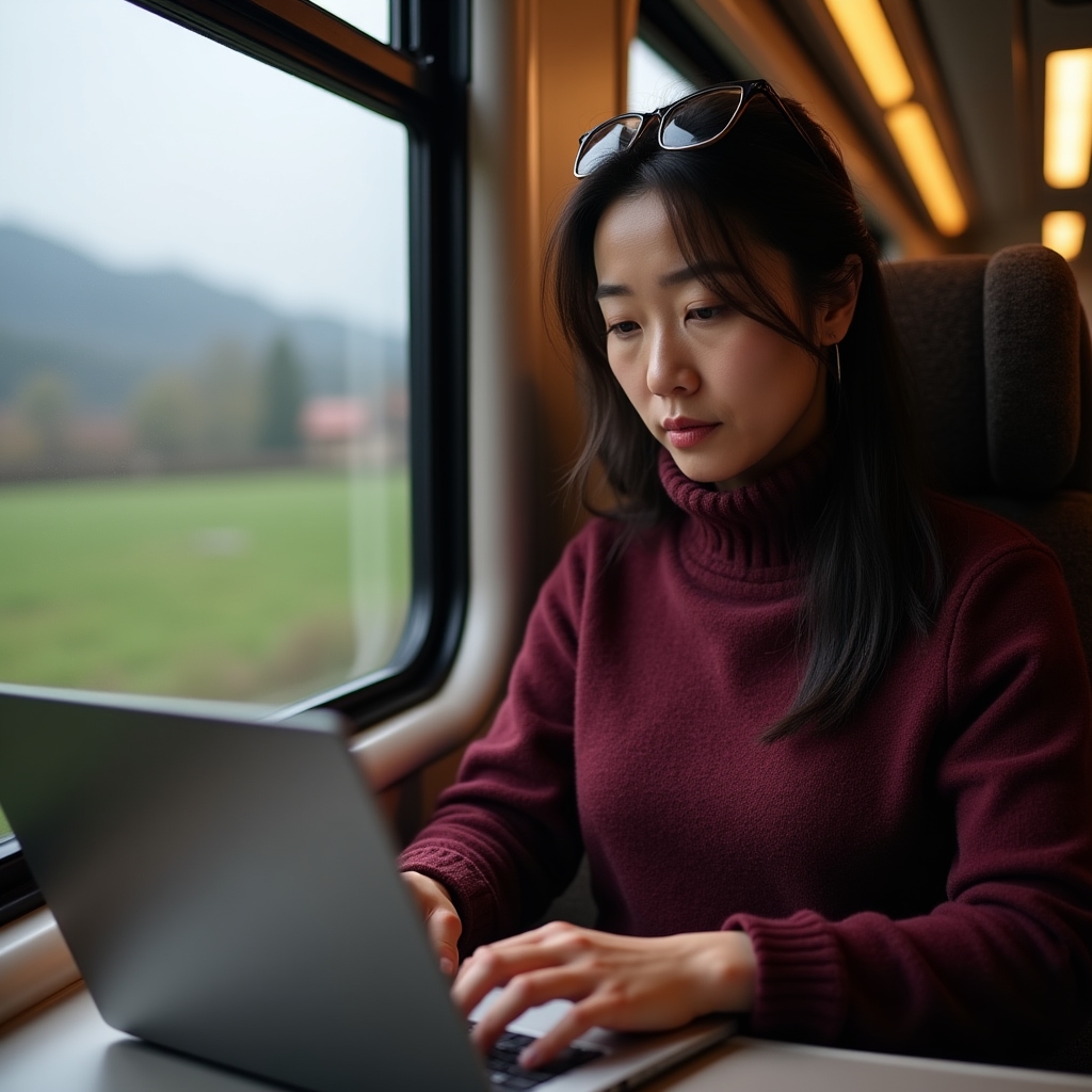 Frau arbeitet im Zug mit Laptop auf dem Weg zur Arbeit