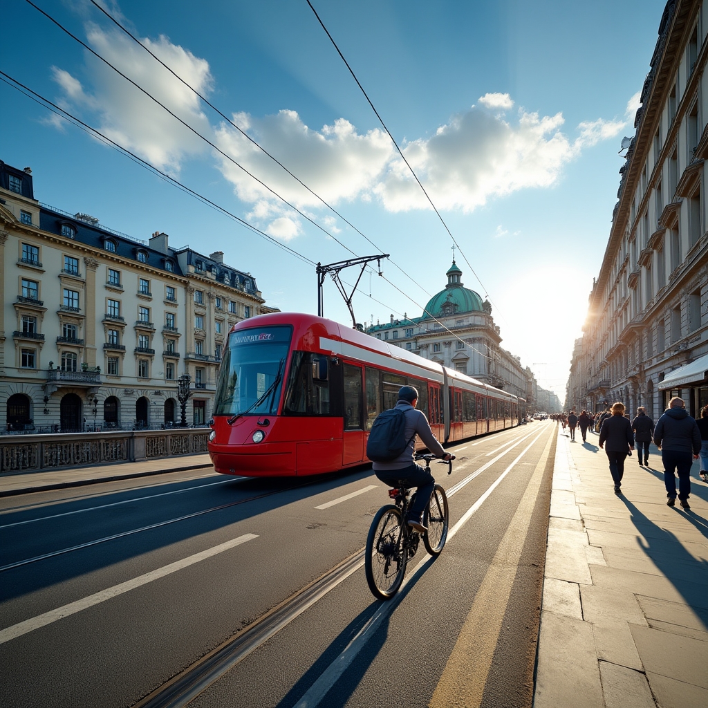 Belebte Wiener Straße mit Straßenbahn, Radfahrern und Fußgängern